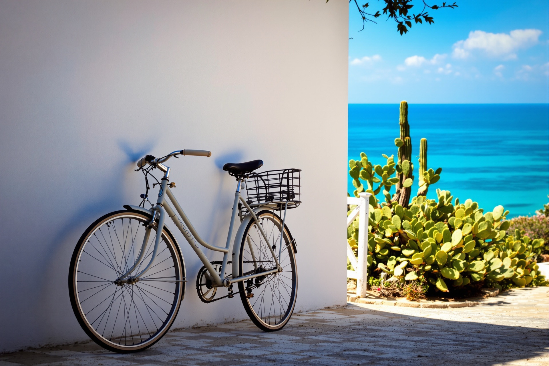 Bicicletta appoggiata a un muretto bianco lungo la costa salentina
