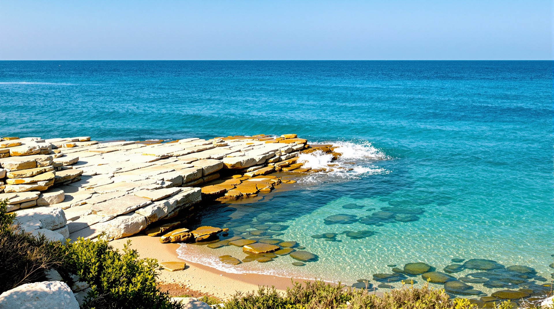 La costa bassa e rocciosa di Capilungo con piccola cala sabbiosa sul mare turchese