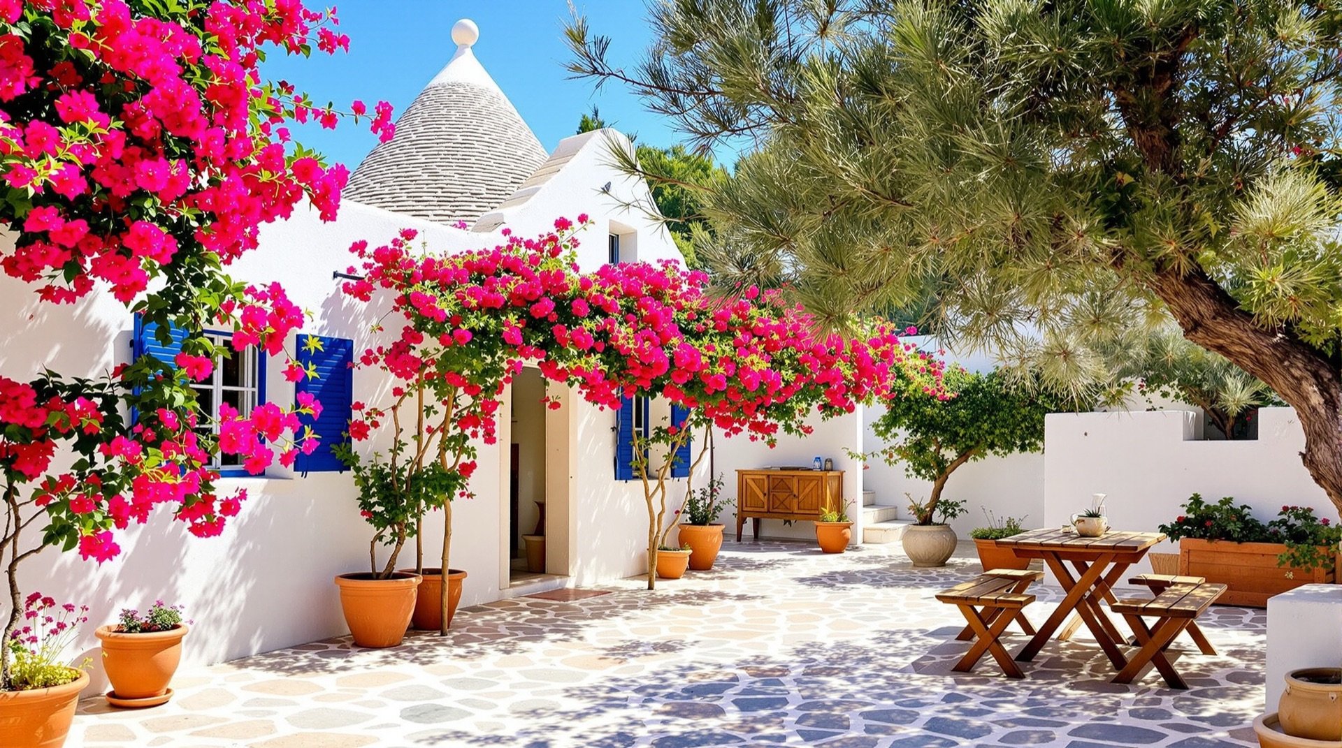 Cortile di una casa vacanza salentina imbiancata a calce con trullo e bougainvillea