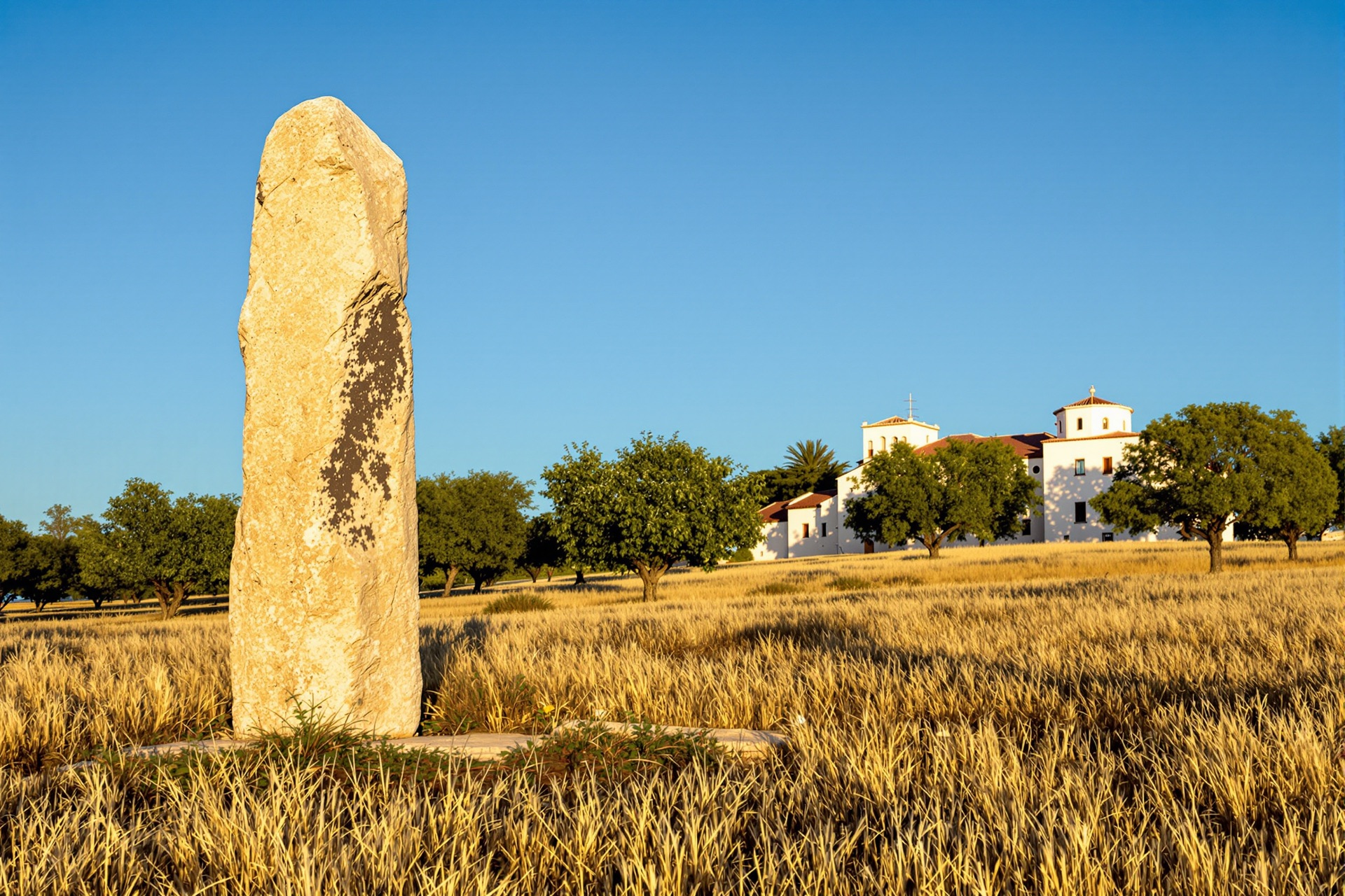 An ancient menhir standing in a Salento field with a masseria and olive trees behind