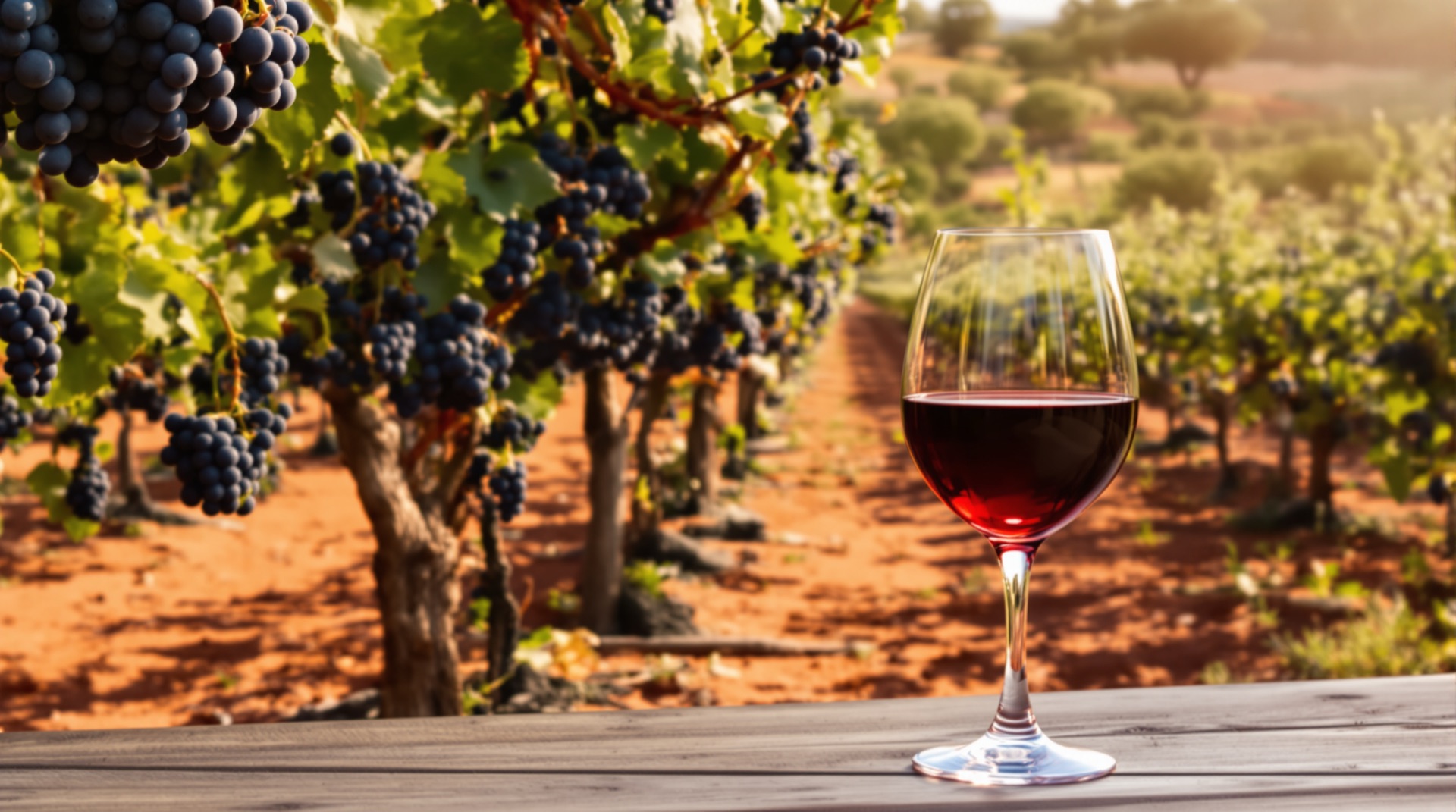Vigneto di Negroamaro nel Salento con grappoli di uva nera e un calice di vino rosso