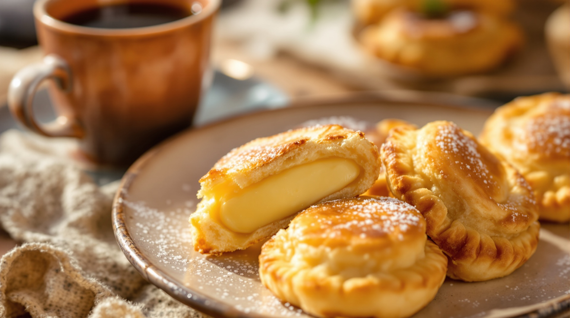 Pasticciotti leccesi appena sfornati con crema pasticcera e caffè espresso