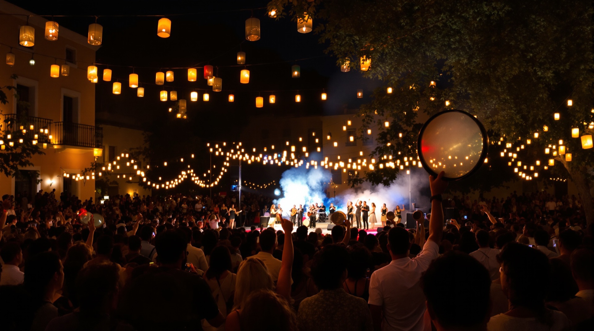 La folla di una notte di musica popolare salentina con luminarie e tamburelli